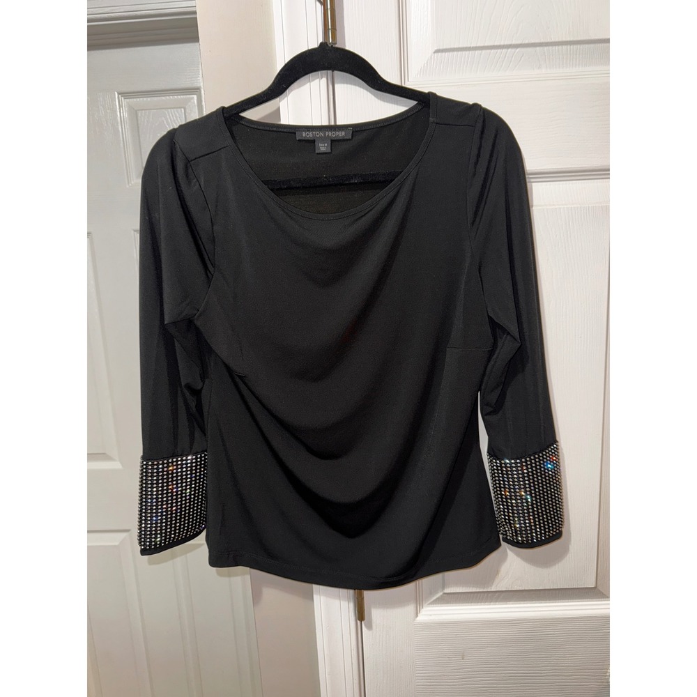 Boston Proper Black Embellished Cuff Long Sleeve‎ Top Party Blouse - Picture 2 of 8